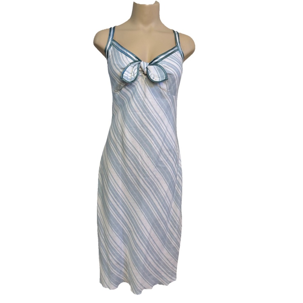 Babydoll Dress With‎ Bow Fit And Flare Blue White Stripe Size 10 Linen Blend